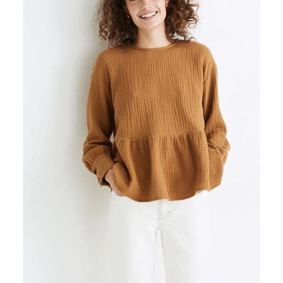 Madewell Lightspun Button Back Peplum Top In Compass Gold Size XS - Picture 1 of 11